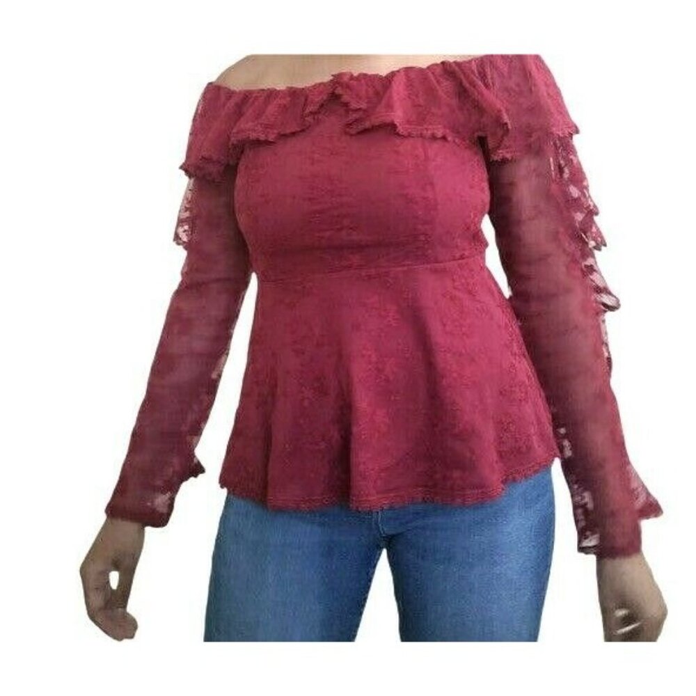 INA Womens Off Shoulder Lace Overlay Top With Ruffle Romantic Red Size Small New